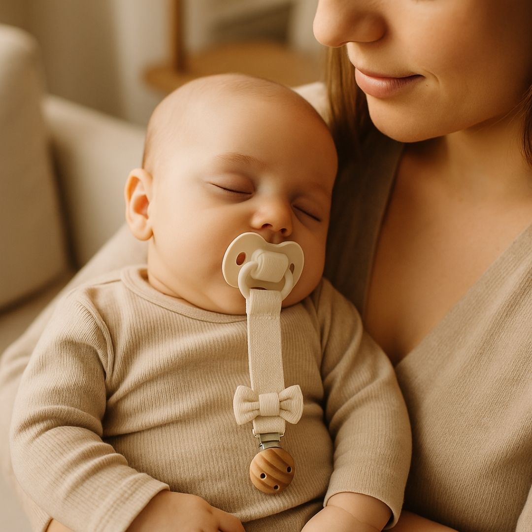 Attace tetine petit noeud beige