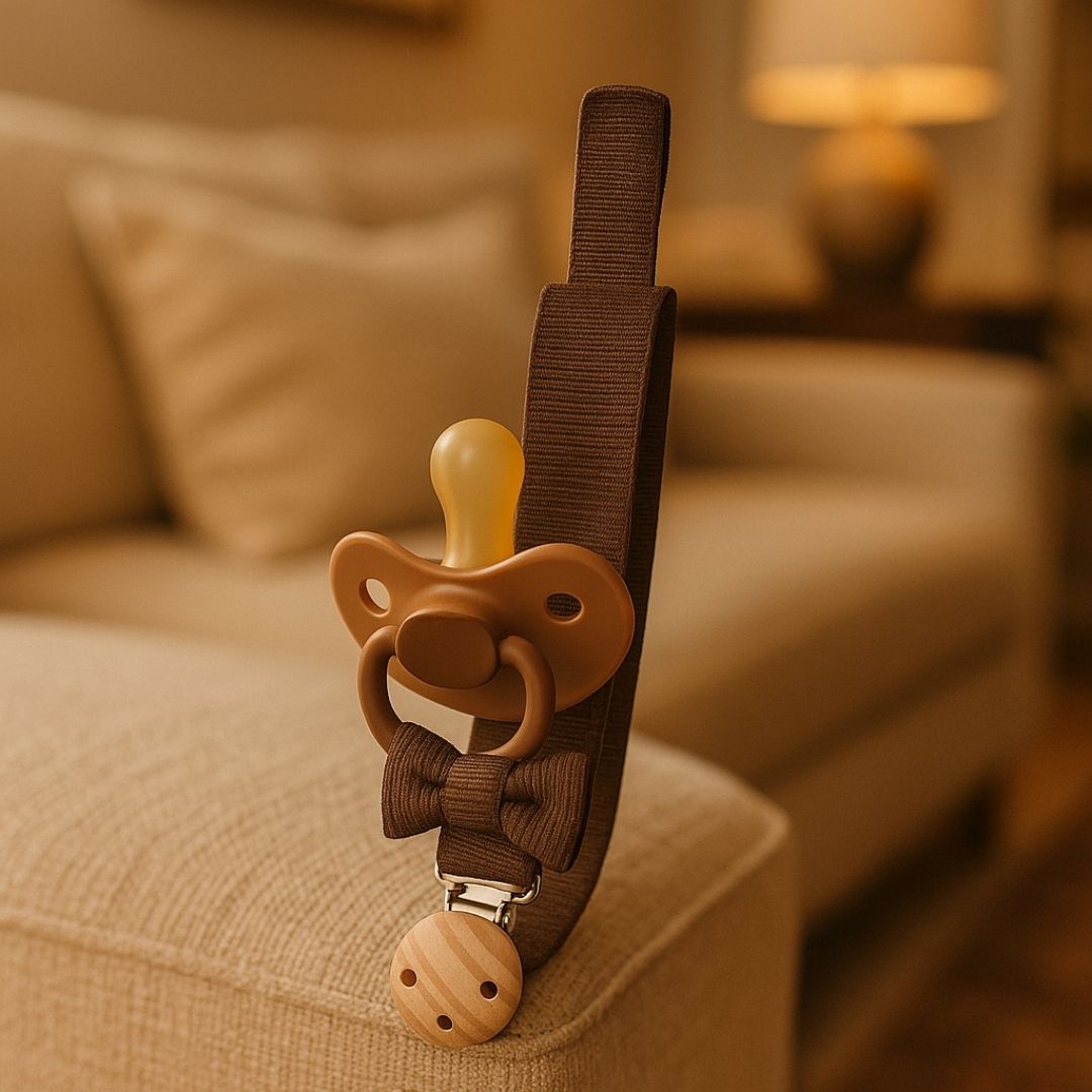 Attache tetine petit noeud marron