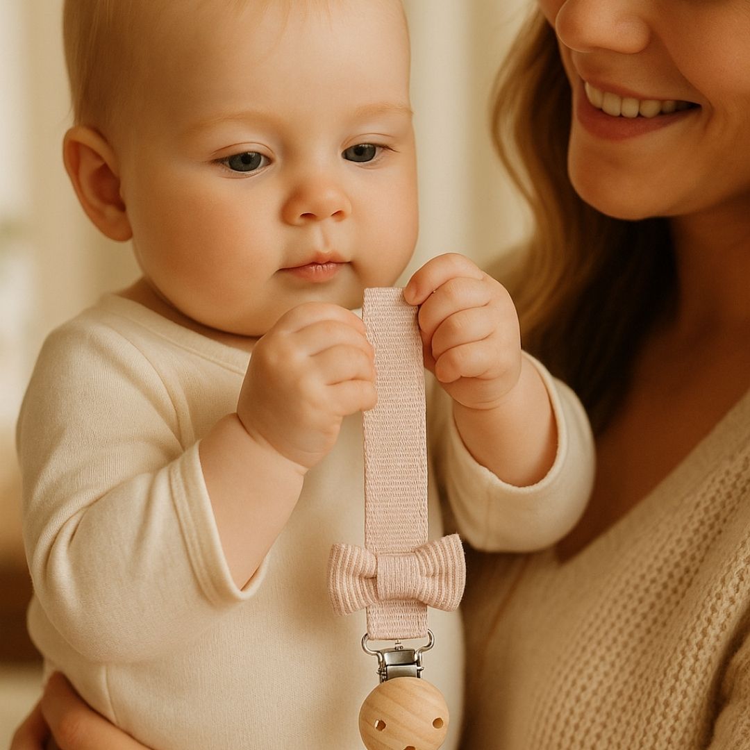 Attache tetine petit noeud rose