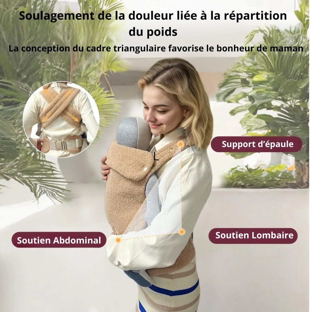 Porte-bébé physiologique Boucless porté par une femme, montrant soutien abdominal, soutien lombaire et soutien d'épaule.