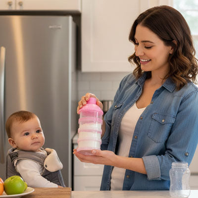 Une mère ouvrant une boite doseuse lait de couleur rose face à son bébé dans la cuisine