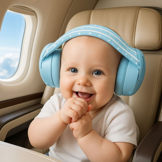 Petit garçon dans un avion avec un casque antibruit bleu