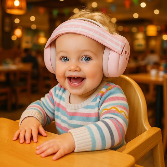 Une petite fille assise sur une chaise haute dans un restaurant, portant un casque antibruit bébé rose 