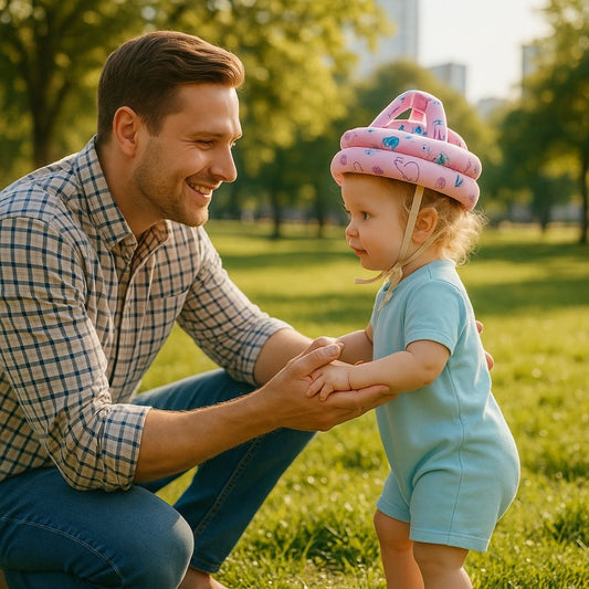 Un père jouant avec sa fille en plein air avec son casque de protection rose sur la tête