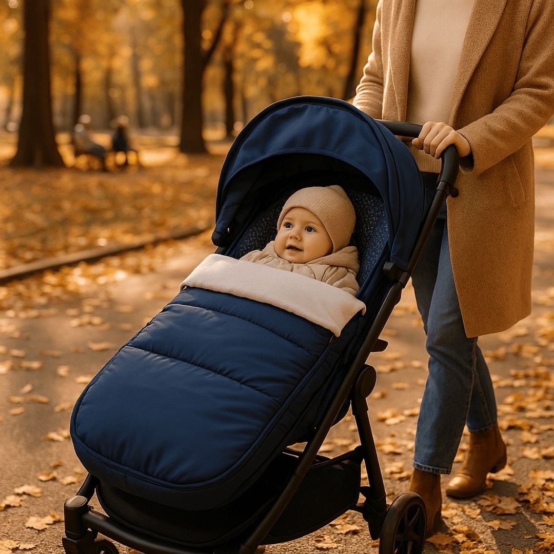 Une mère promenant son enfant dans une chancelière poussette de couleur bleu marine dans un parc par une journée d'automne