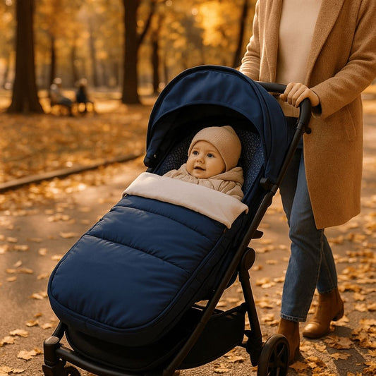 Une mère promenant son enfant dans une chancelière poussette de couleur bleu marine dans un parc par une journée d'automne