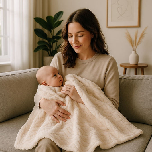 Mère assise sur le canapé, portant son enfant sur les genoux enveloppé d'une couverture bébé beige clair à motif en relief.