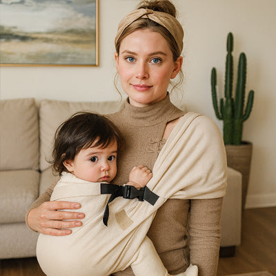 Écharpe de portage, maintient parfaitement le dos de bébé arrondi en C et la position des jambes en M.