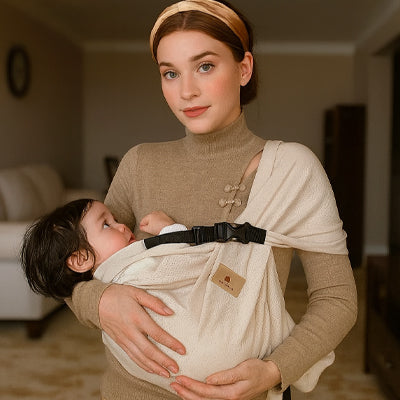 Jeune mère portant une écharpe de portage enveloppant un bébé endormi.