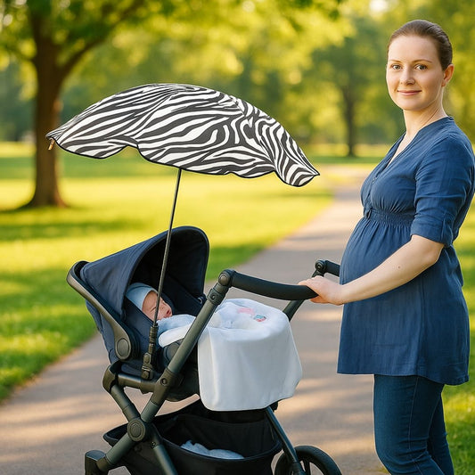 Ombrelle pour poussette avec motif zèbre avec une mère enceinte et un nouveau né dans la poussette