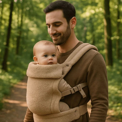 Père se promenant en forêt avec son bébé dans un porte-bébé physiologique beige bouclé