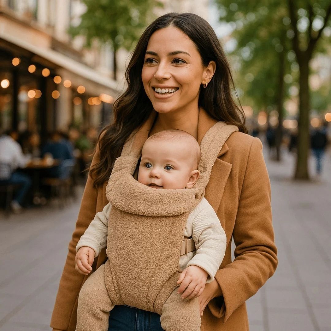 Mère se promenant en plein centre-ville avec son bébé face au monde dans un porte-bébé physiologique beige bouclé