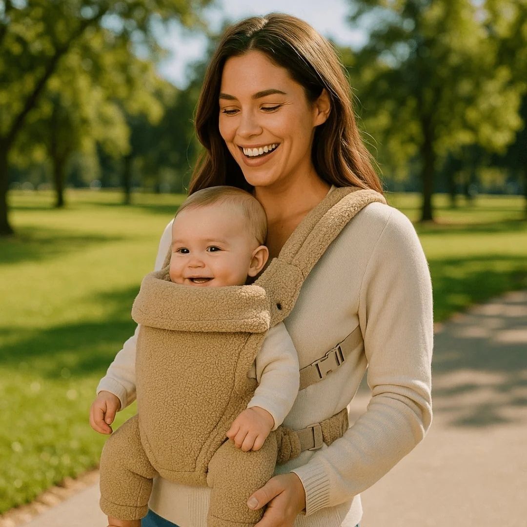 Mère portant son enfant face au monde dans un porte-bébé physiologique beige bouclé