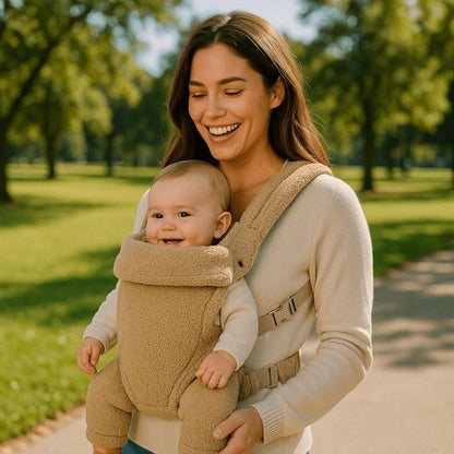 Mère portant son enfant face au monde dans un porte-bébé physiologique beige bouclé