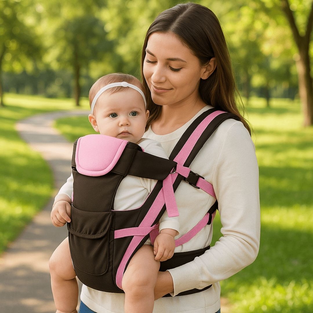 Porte bébé 4 en 1 rose avec poche avant pour mettre clé ou portable