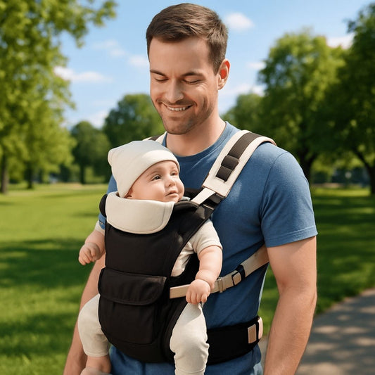 Un père portant son enfant face au monde dans un porte-bébé beige se promenant au parc
