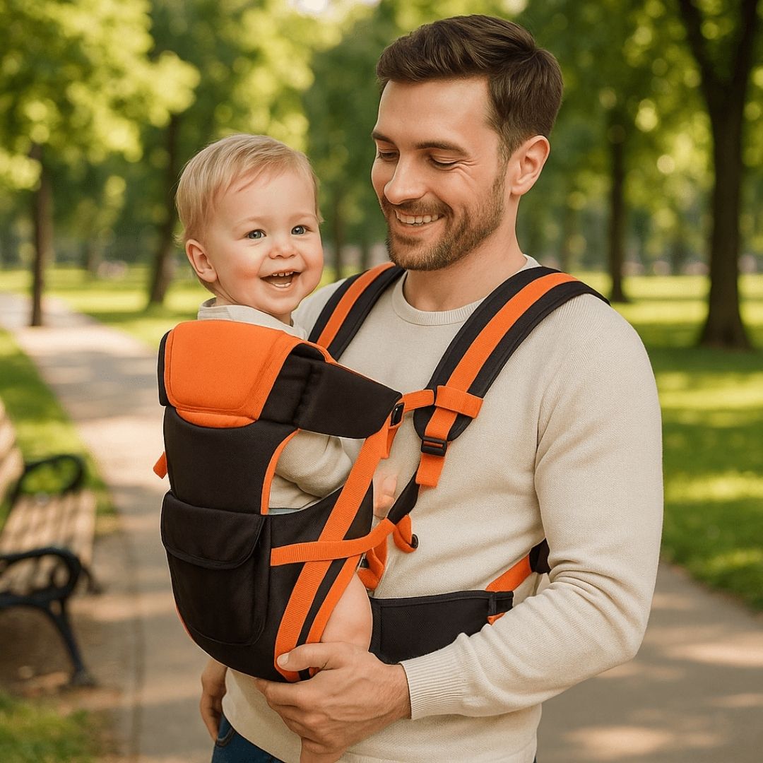Un père souriant portant son enfant face à lui dans un porte-bébé orange et noir