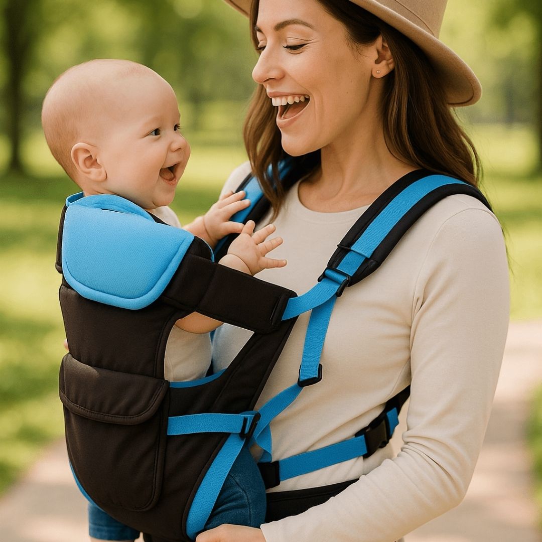 Une mère avec son bébé face contre elle avec un porte-bébé bleu et noir se promenant au parc