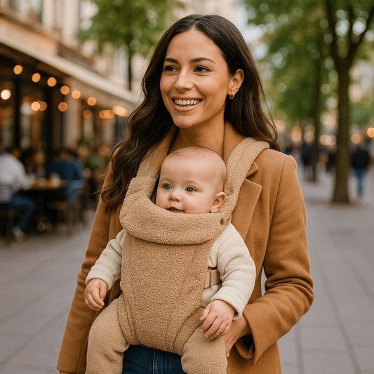 Femme souriante portant un bébé dans un porte-bébé physiologique beige, en extérieur urbain