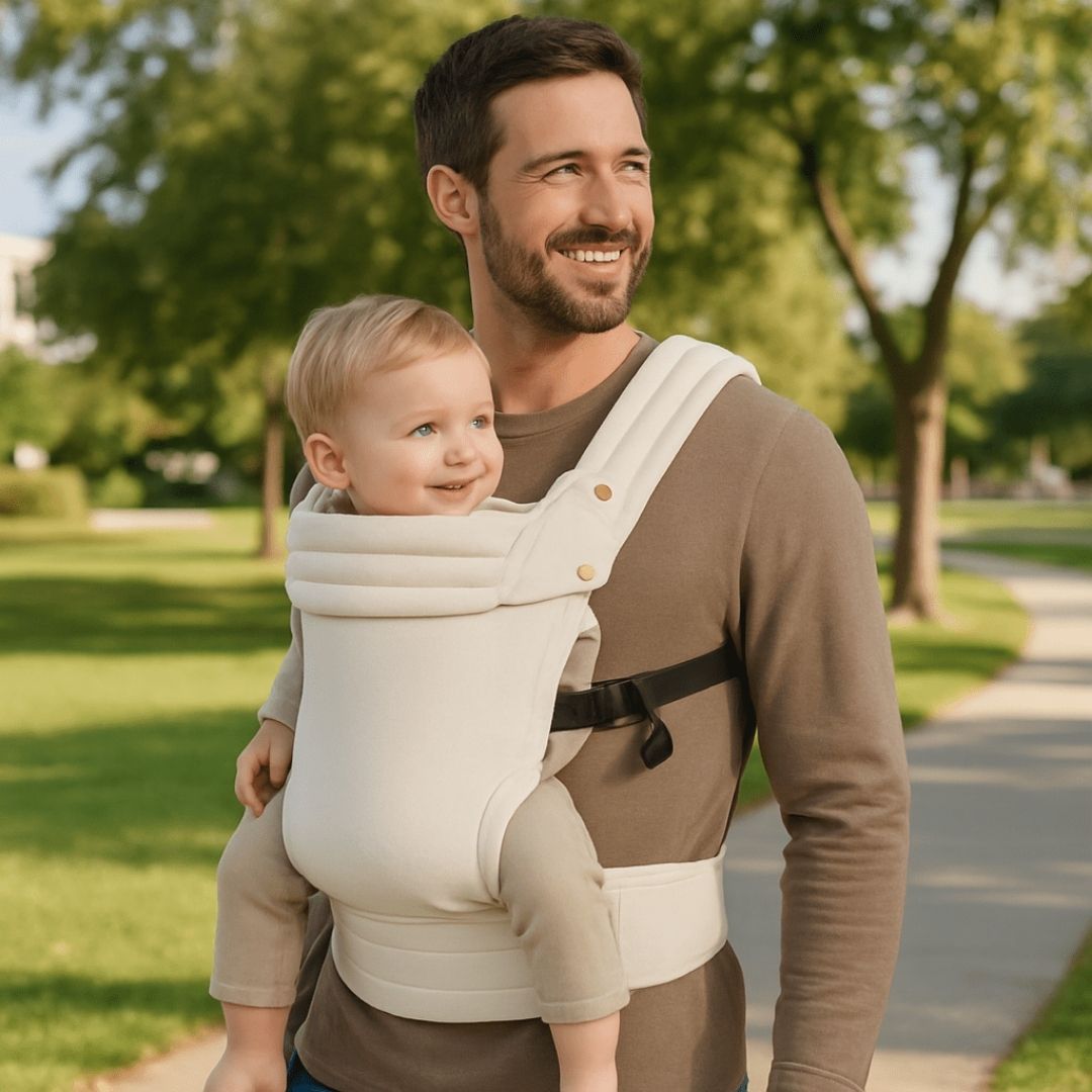Un père se promenant dans un parc avec son bébé face vers le monde dans un porte bébé physiologique beige uni