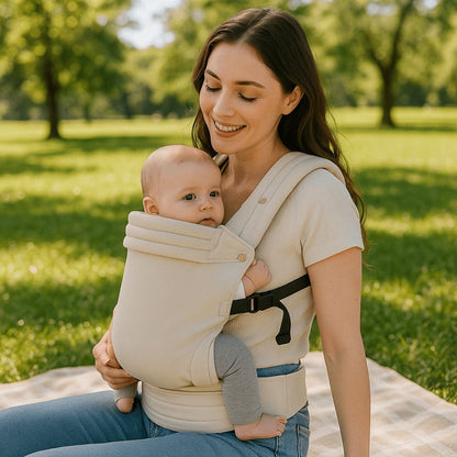 Une ère assise sur une nappe de pique nique avec son enfant face contre elle dans un porte bébé physiologique beige uni
