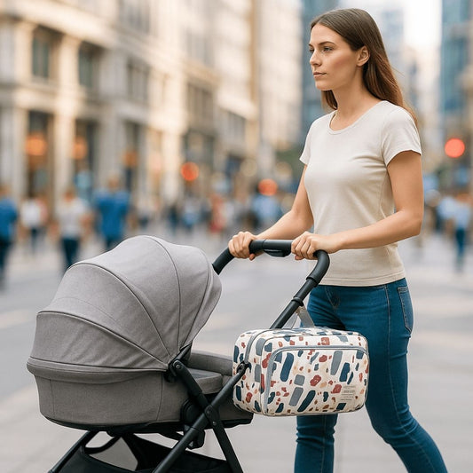 une mère promenant son enfant dans sa poussette en plein centre ville, transportant un sac a langer aux motifs mosaïque sur le côté