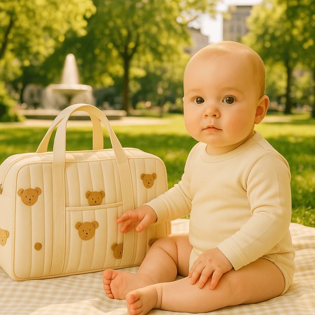 Bébé assis sur une nappe de pique-nique avec un sac à langer beige à motif petit ours dans un parc