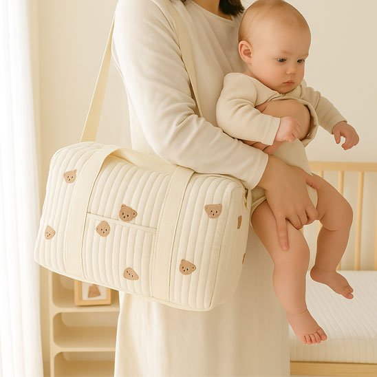 Une mère portant son bébé dans les bras avec son sac à langer beige à motif petit ours sortant de la chambre de bébé