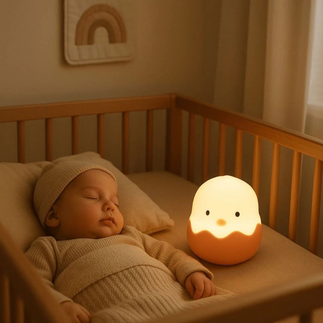 Bébé dormant dans son berceau avec sa veilleuse bébé poussin près de lui.
