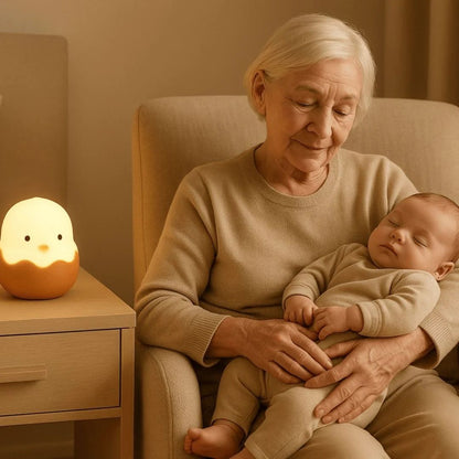 Une grand-mère tenant son petit-fils dans les bras, assise sur un fauteuil, avec une petite veilleuse poussin près d'elle sur la table de chevet
